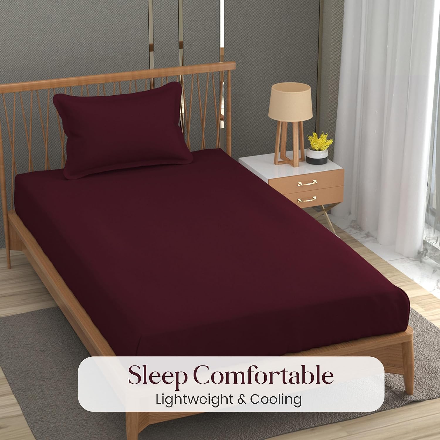 Solid Plain Single Size Bedsheet Set With 1 Pillow Covers | Size - 60 X 90 Inches, Wine | Ideal For All Seasons Due To Its Breathable Nature