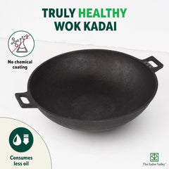 Pre-Seasoned Black Cast Iron Wok Kadai - Large, 31cm, 12 Inch, 3.2 Liters, 2.8 Kg | Induction Friendly, Naturally Nonstick, 100% Pure & Toxin-Free, No Chemical Coating