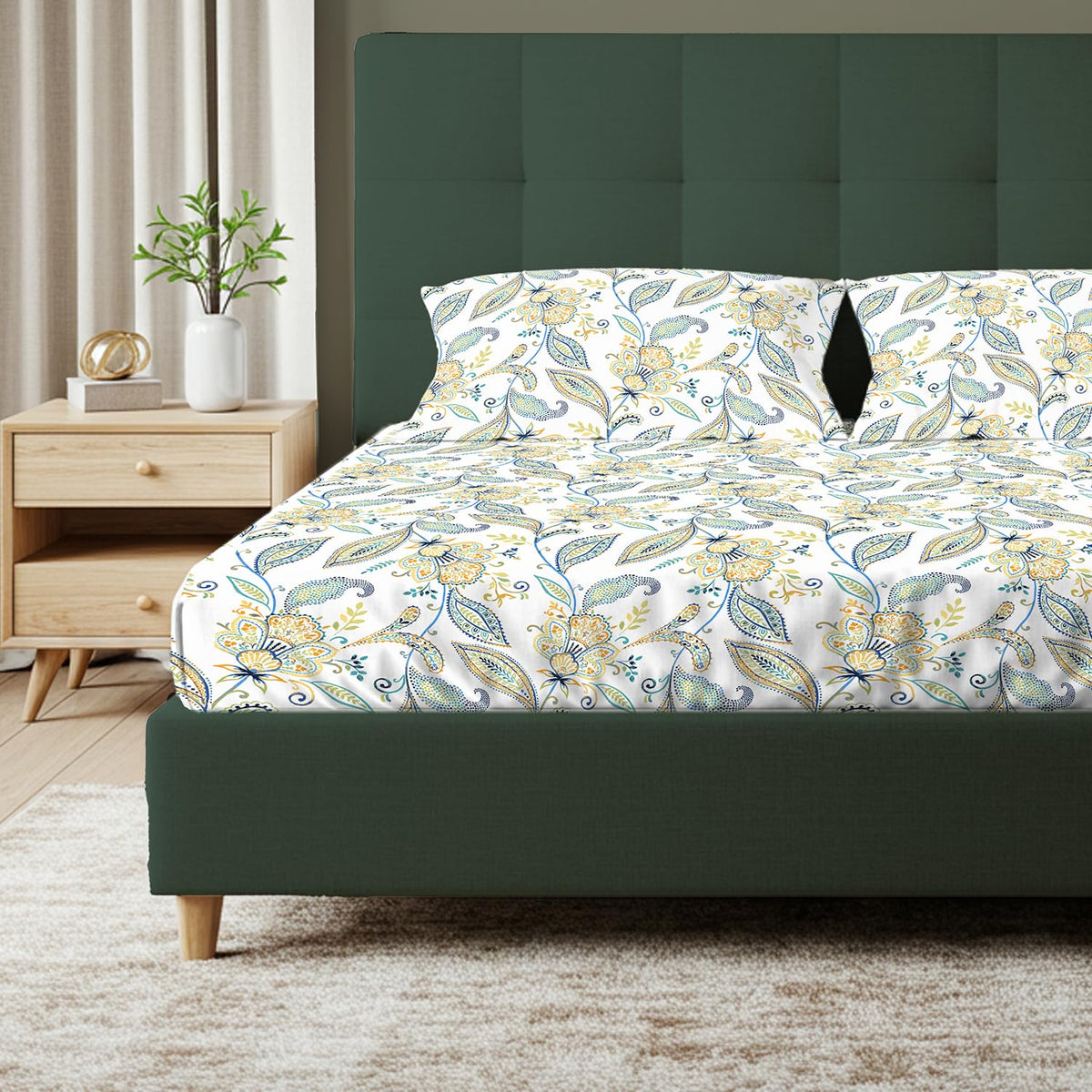 Cotton Floral Bedsheet For Double Bed, King Size With 2 Pillow Covers - 108 X 108 Inches, White & Blue | Ideal Gifting Choice For Housewarmings, Weddings, Or Anniversaries