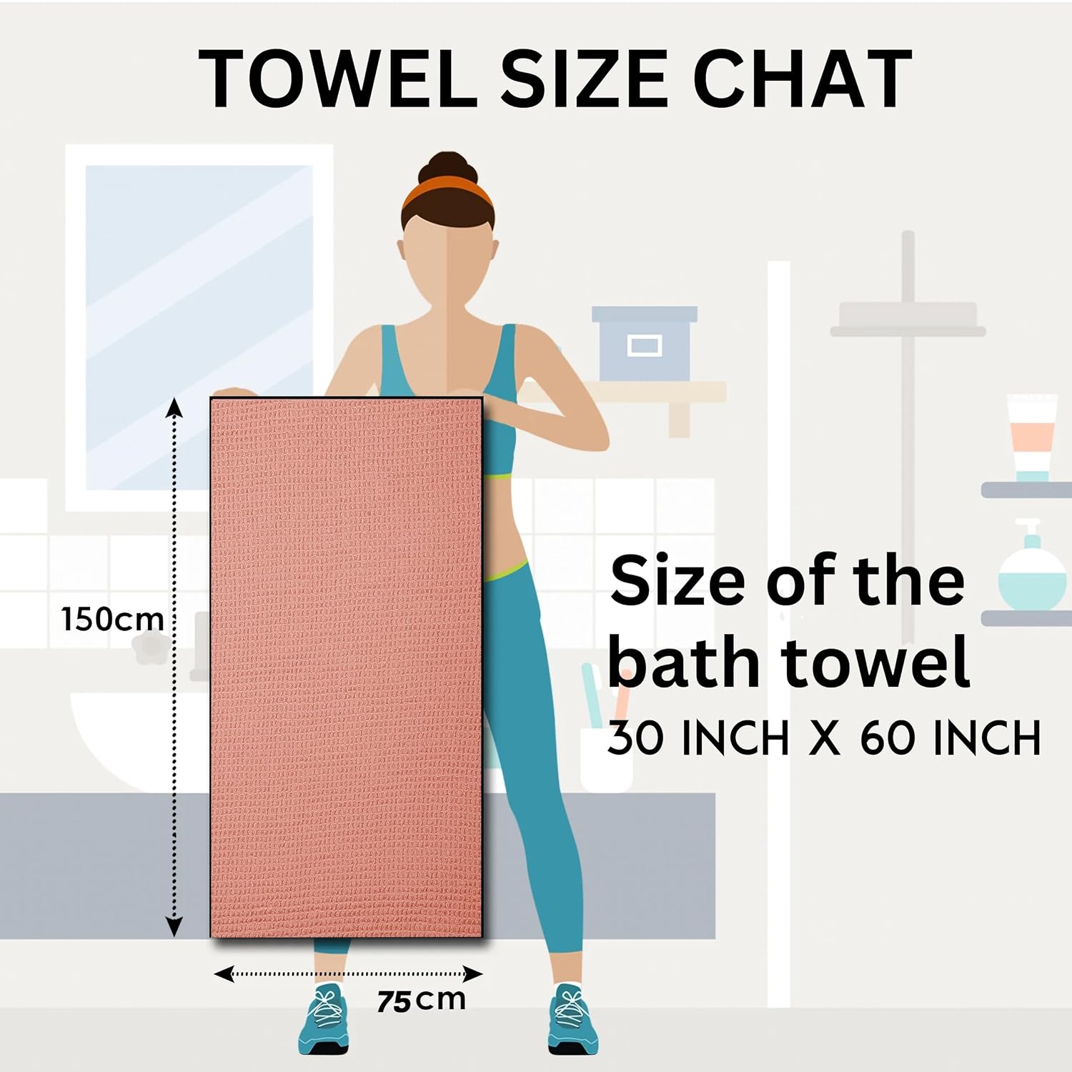 Drape&Luxe Gen-Z Towel Premium Waffle Cotton Bath Towel 600 Gsm | Super Soft & High Absorbency Towel, Quick Drying Large Size Towels (Peach) - Pack Of 1