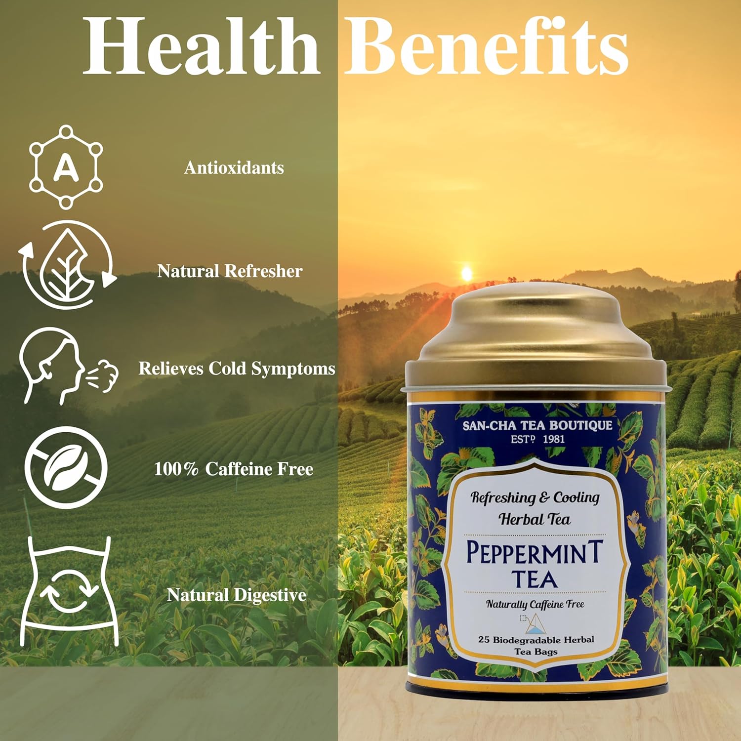 San-Cha Peppermint Herbal Tea - 25 Biodegradable Herbal Tea Bags | Refreshing & Cooling Herbal Tea - Caffeine Free, Environment Friendly