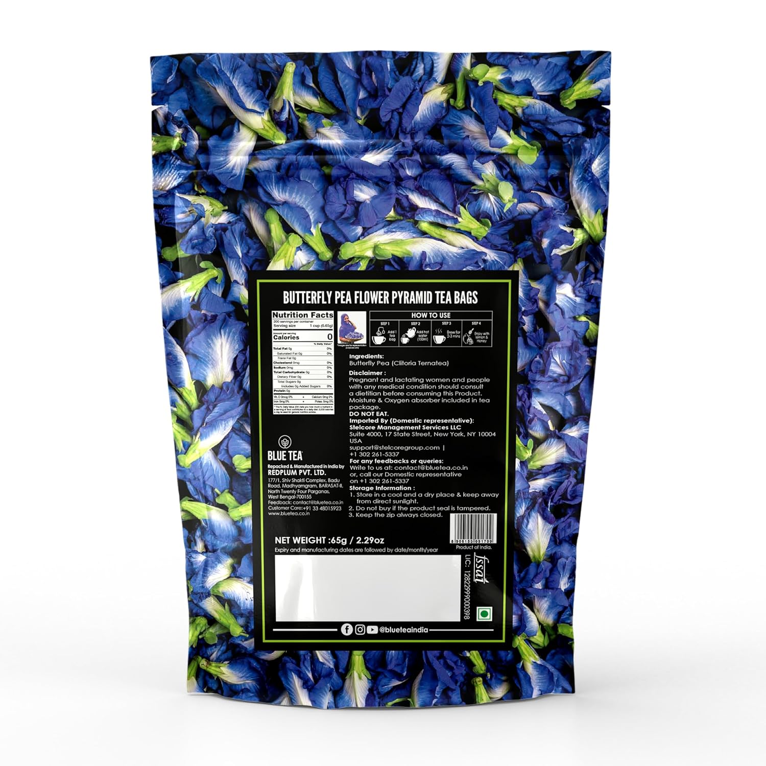 Blue Tea Butterfly Pea Flowers Herbal Tea - 100 Pyramid Tea Bags | Sun Dried Flower Antioxidant Tea - Caffeine Free, Detox Tea | No Added Colors, Aparajita - Shankhpushpi Zip Lock Pouch