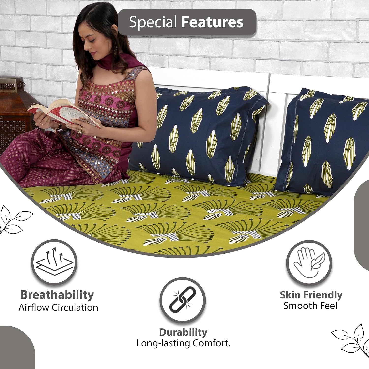 100% Cotton Single Bedsheet With 1 Matching Pillow Covers - 57 X 87 Inches, Navy & Green | All Weather Comfort & Bedroom - Softness & Natural Breathability