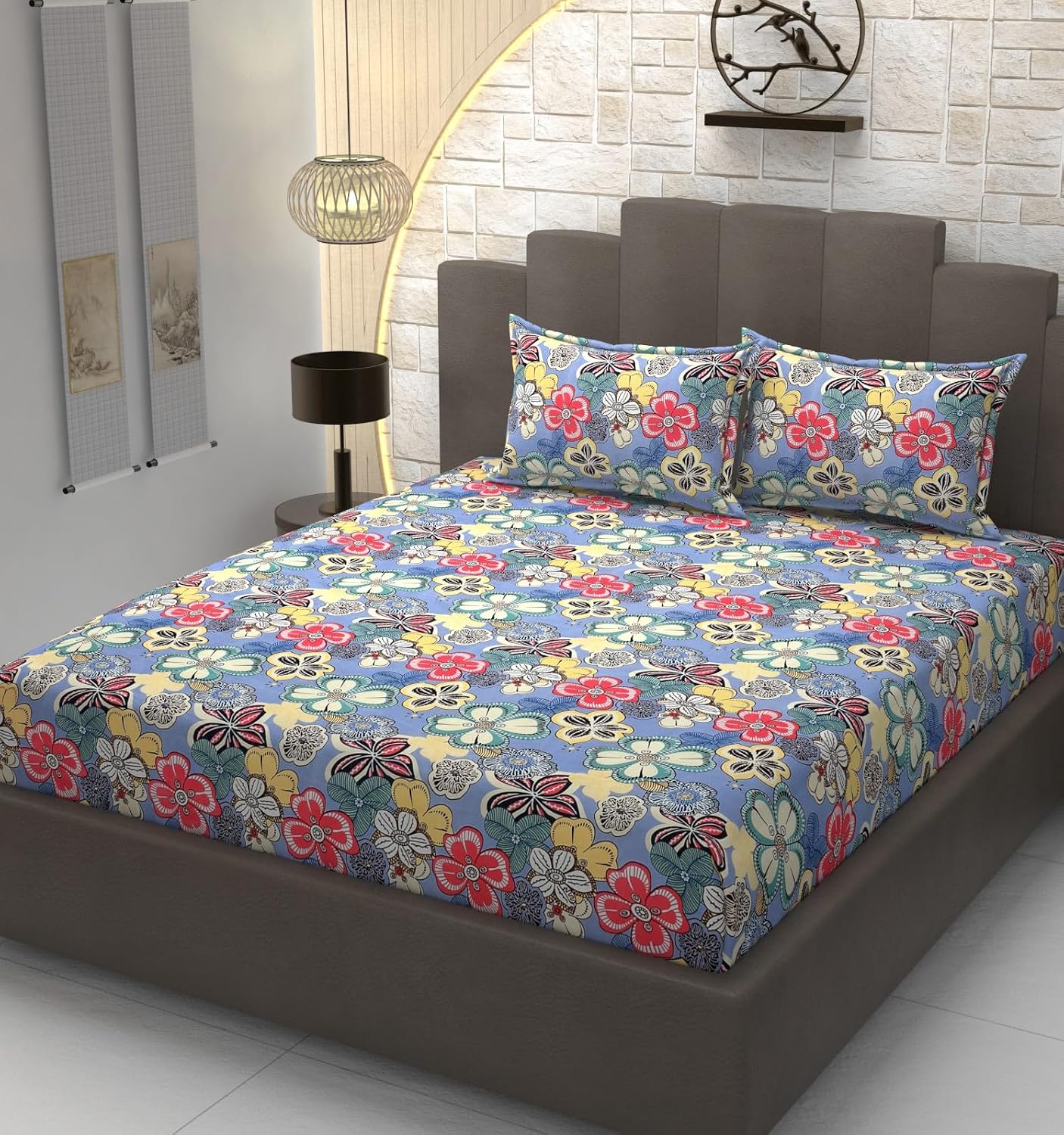 King Size Elastic Fitted Bedsheets With 2 Pillow Covers - 90 X 100 Inches, Multicolor | Soft Wrinkle Free & Breathable Elastic Bedsheets - Durable & Long Lasting Bedsheet