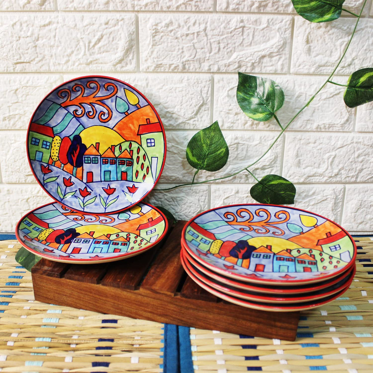 Exotic Panorama Hand Painted Ceramic Quarter Plates Set Of 6 - Multicolor | Small Side Plates For Dinner & Snacks - 7 Inch, 6 Pieces, Microwave Safe