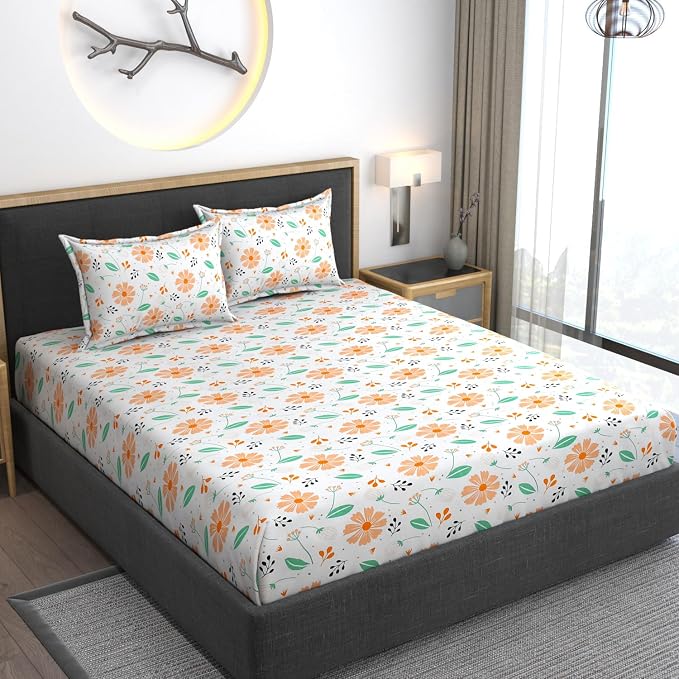 Elastic Fitted Floral Cotton Bedsheets For Double Bedsheets With 2 Pillow Covers - 60x78 Inches, Green | All Around Elastic Fitted Queen Size Bedsheet