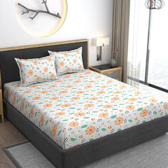 Elastic Fitted Floral Cotton Bedsheets For Double Bedsheets With 2 Pillow Covers - 60x78 Inches, Green | All Around Elastic Fitted Queen Size Bedsheet