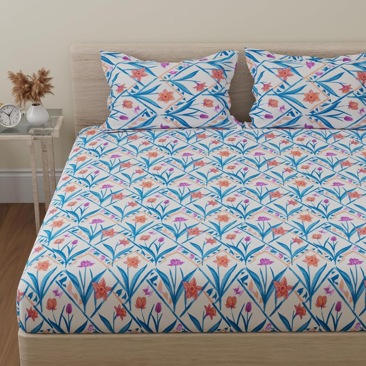 Double Bedsheet For King Size With 2 Pillow Covers - 108 X 108 Inches, Blue & Yellow | Beautiful Print For Luxury Bedsheets