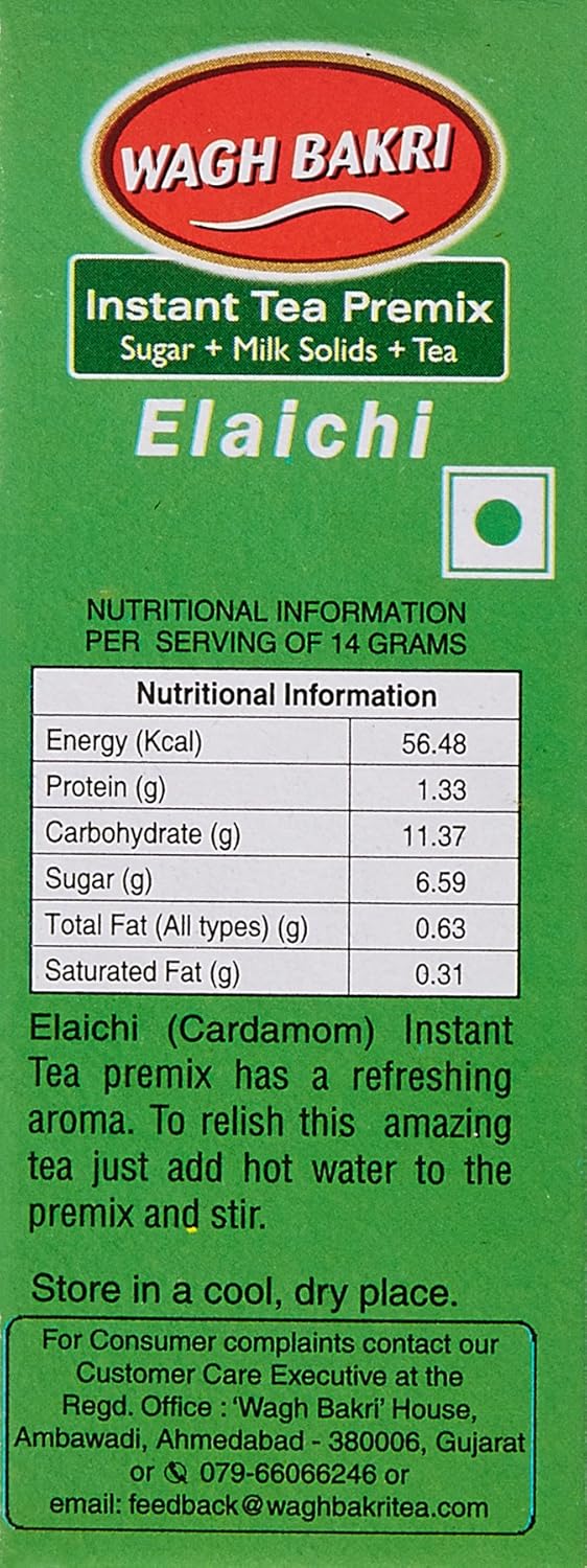 Wagh Bakri Instant Elaichi Tea Premix Powder - 140gm, 4.9 Ounce, 10 Single Serve Sachets | 3 In 1 Sugar + Milk Solids + Tea, Just Add Hot Water - Tastes Like Homemade Tea | Caffeine Free