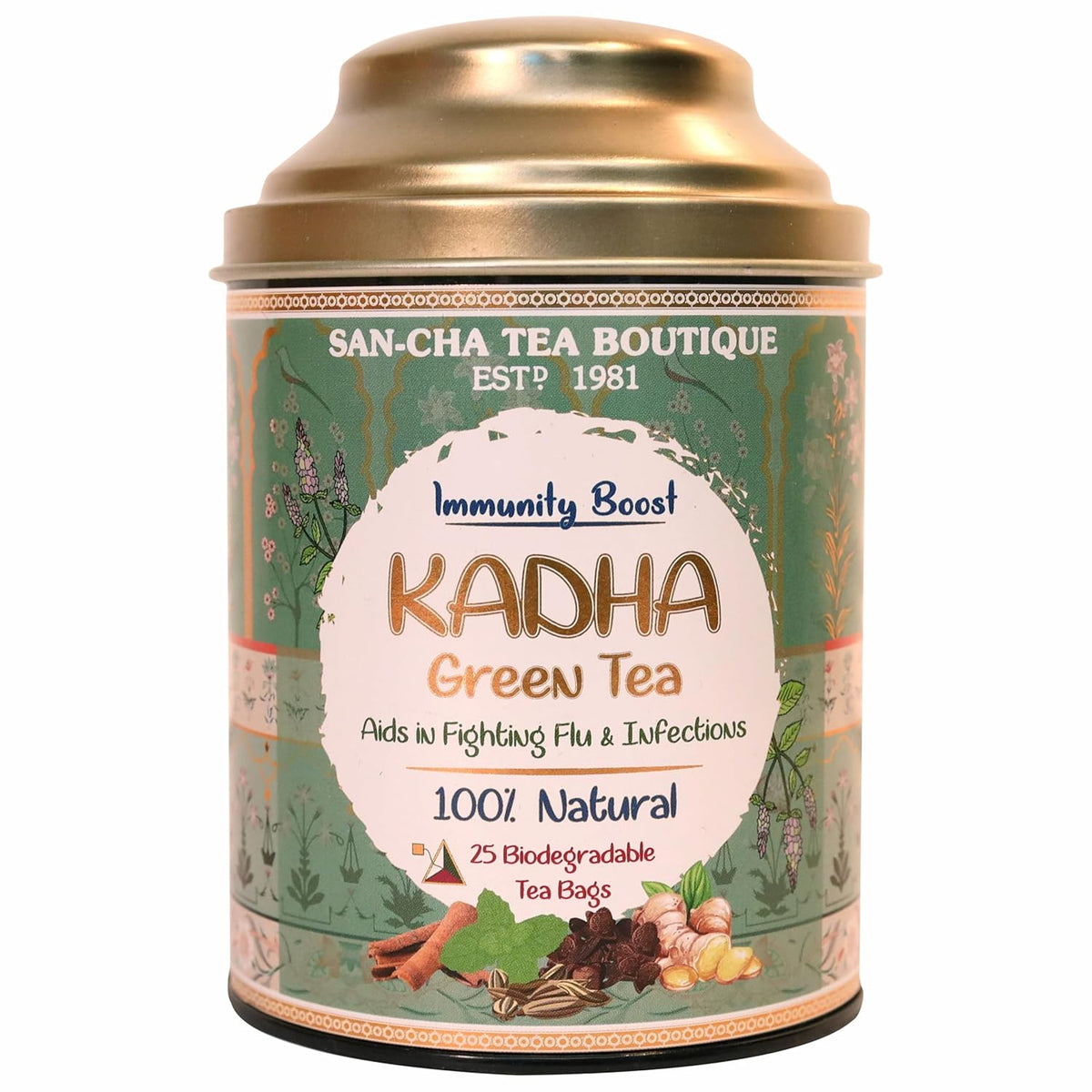 San-Cha Kadha Green Tea - 25 Biodegradable Tea Bags | Aids In Fighting Flu & Infections - Environment Friendly & Made In Corn Fiber | Caffeine Free - Blended With Real Herbs & Spices