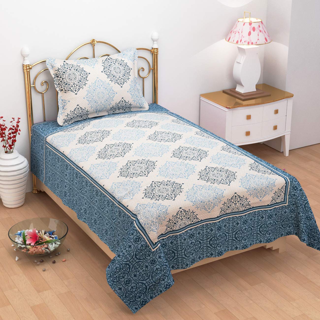 1 Single Bedsheet With 1 Large Pillow Cover - Size - 60 X 100 Inches, Multicolor | Designer Printed Bedsheet Set - Naturally Soft, Breathable, & Skin Friendly