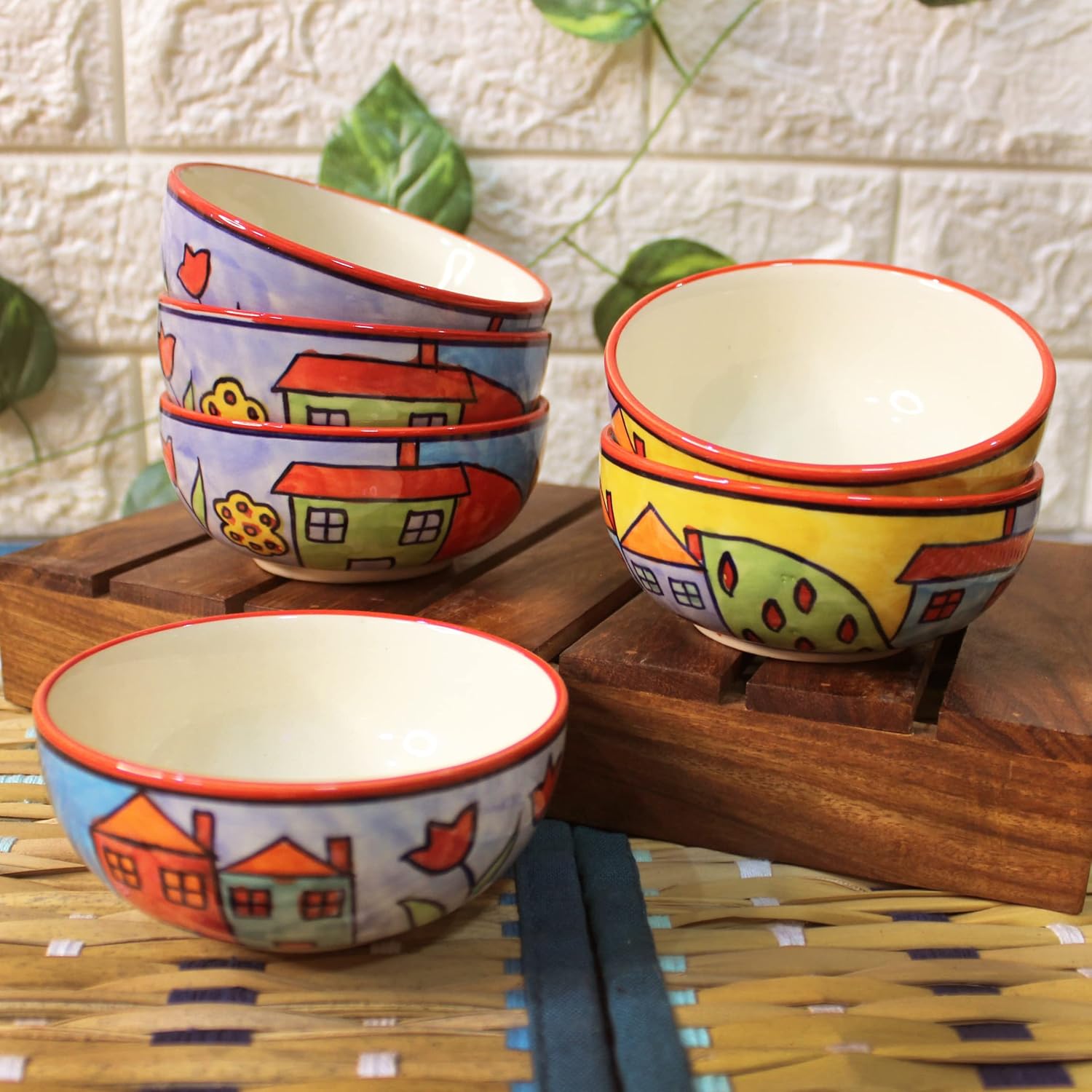 Exotic Panorama Hand Painted Ceramic Dining Bowl Katoris - 6 Pieces, 180ml Each, Multicolor | Ceramic Bowls - Serving Bowls For Dinner, Snacks & Dessert - Microwave Safe