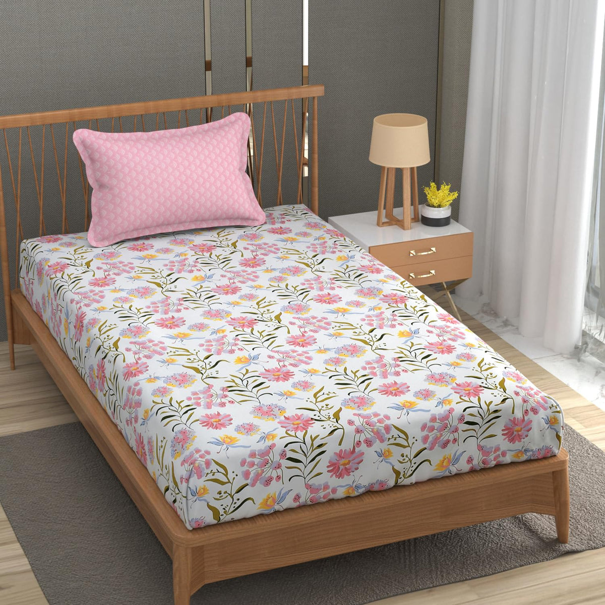 Soft Cotton Single Size Bedsheet With 1 Pillow Cover | 60 X 90 Inches, Pink & White | Anti-Fade Printed Design | 200 Thread Count