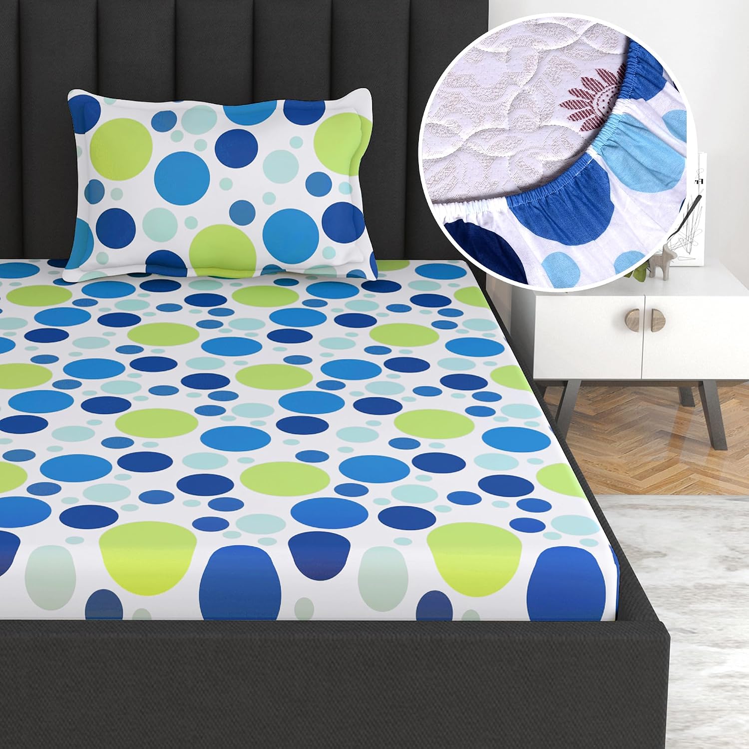 Super Soft Single Fitted Bedsheet With 1 Pillow Cover | 57 X 78 + 6 Inches, Blue & White - Perfect For Use In Bedrooms, Guest Rooms, Dormitories