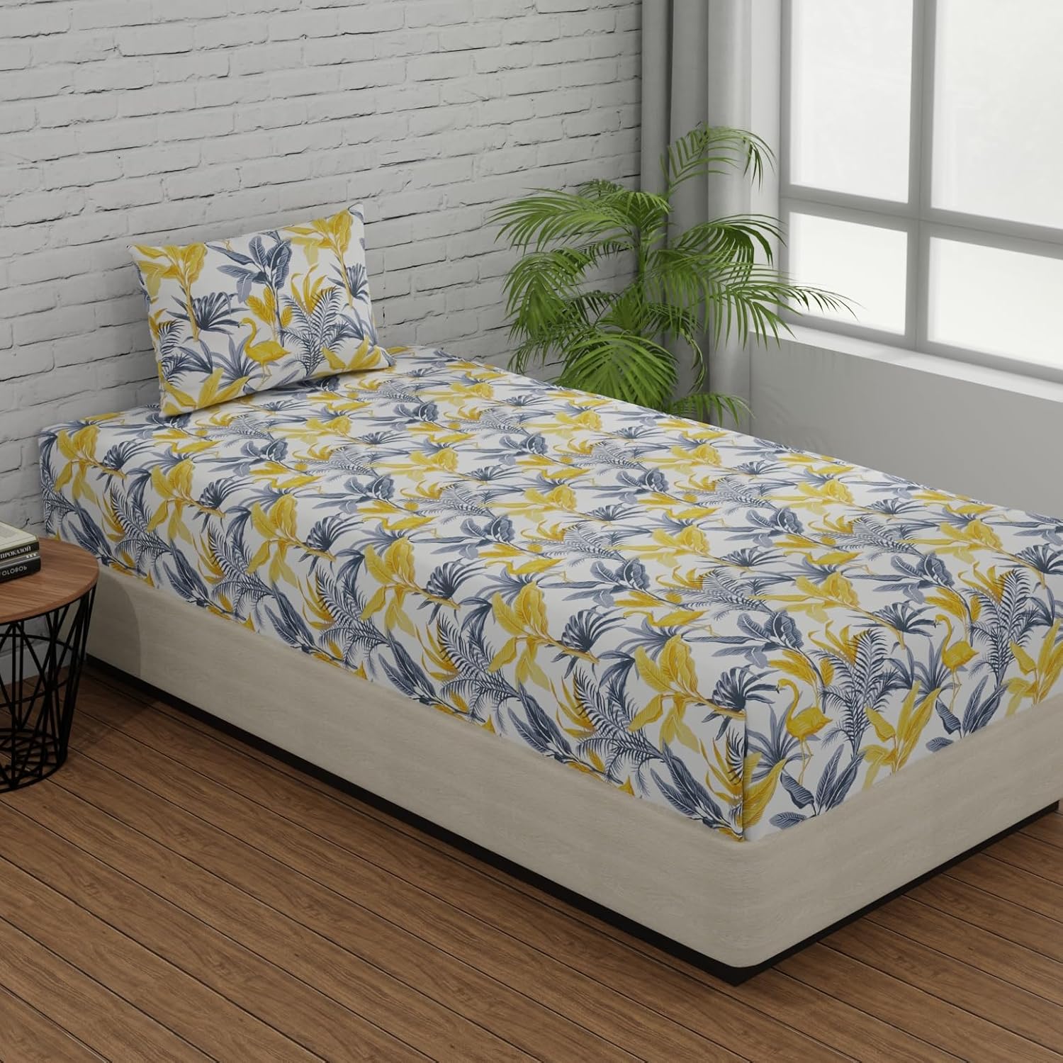 Single Bedsheet Elastic Fitted Cotton With 1 Pillow Cover | 36 X 78 Inches, Yellow & Grey | Ideal For Home, Guest House, Hotel | Soft & Breathable Fabric