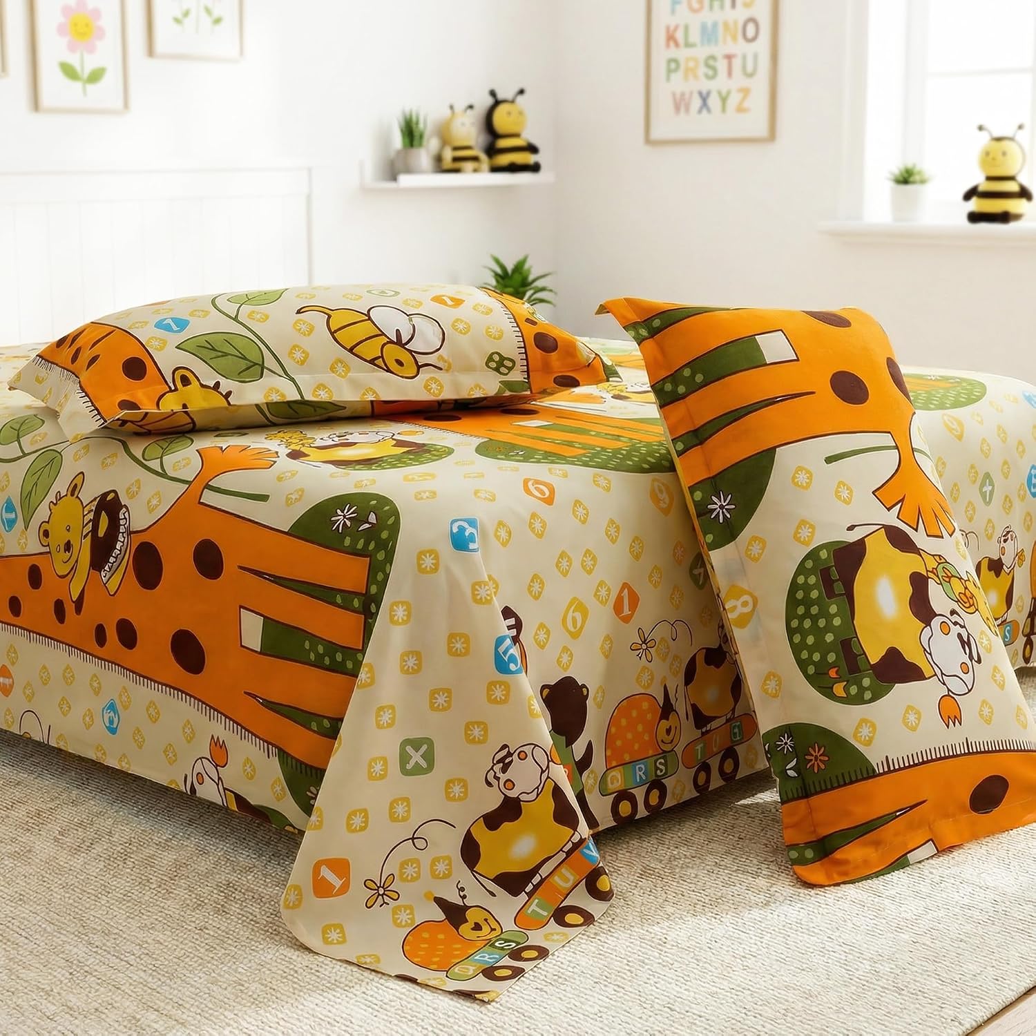 Kids Double Bed Bedsheet Set With 2 Pillow Covers - 88 X 100 Inches, Cream & Orange | Soft Bedding For Boys & Girls | Baby Animals Design