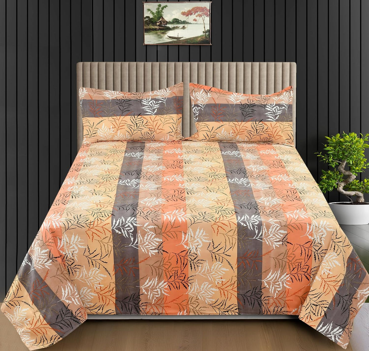 Pure Cotton Double Bed Bedsheet Set With 2 Pillow Covers - 90 X 90 Inches, Beige & Grey | Durable & Long-Lasting- Breathable & Lightweight Bedsheet