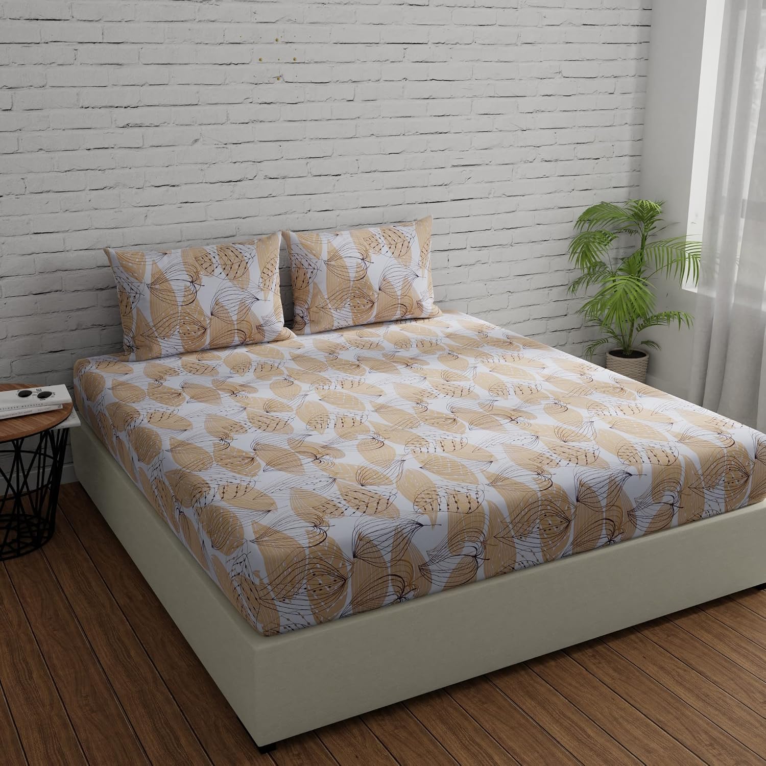 Cotton Bedsheet For King Size With 2 Pillow Covers - 108 X 108 Inches, Brown & White | Soft & Comfortable Feel To Your Skin