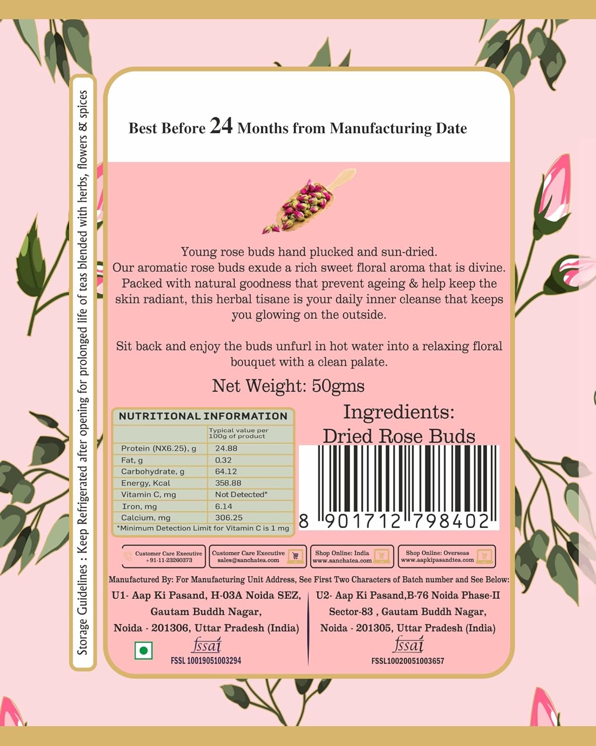 San-Cha Rose Buds Beautifying Herbal Tea - 50gm, 1.7 Ounce | Improves Skin Health, Rich In Vitamin C - Zero Caffeine
