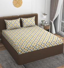 All Around Elastic Fitted Bedsheets King Size With 2 Pillow Covers | Double Size 72 X 78 X 10 Inches, White & Yellow - Ideal For Hotel, House, Bedroom, Guest House