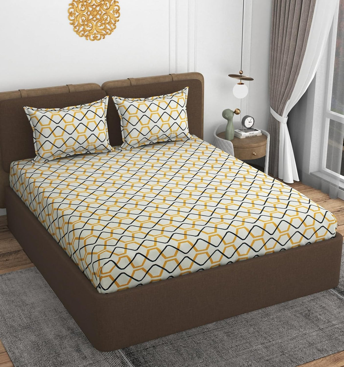 Double Bedsheet With 2 Pillow Covers Size 72 X 72 X 10 Inches, White & Yellow | Cotton Feel All Around Elastic Fitted - Queen Size Bedsheets, Super Soft