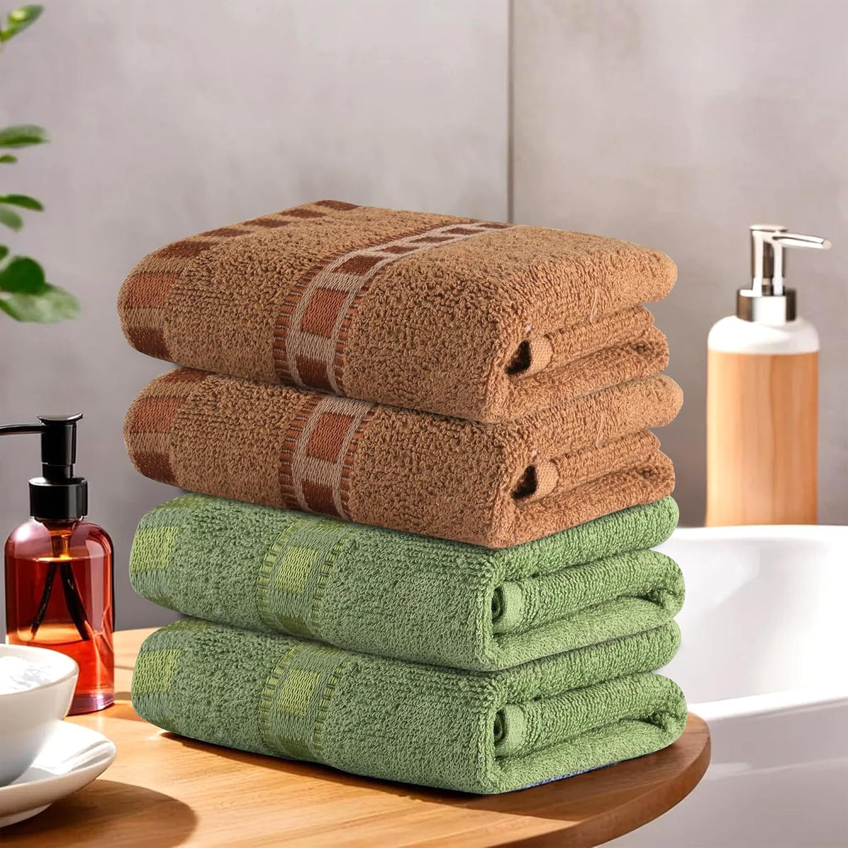 Heart Home Cotton Hand & Face Towels 800 Gsm | For Men & Women Easily Washable Workout Gym Towel - Green & Golden (Pack Of 4)