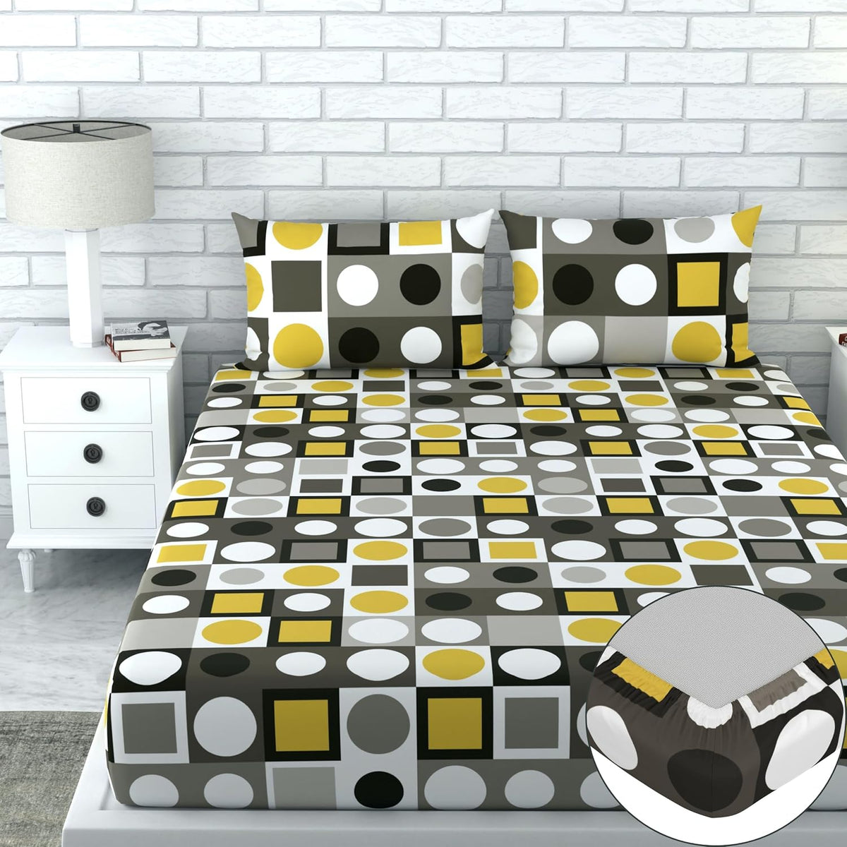Printed Bedsheet For Double Bed 2 Pillow Cover - 60 X 78 Inches, Grey & Yellow | All Around Elastic Fitted - Ultra Soft & Breathable | Superior Softness & Breathability