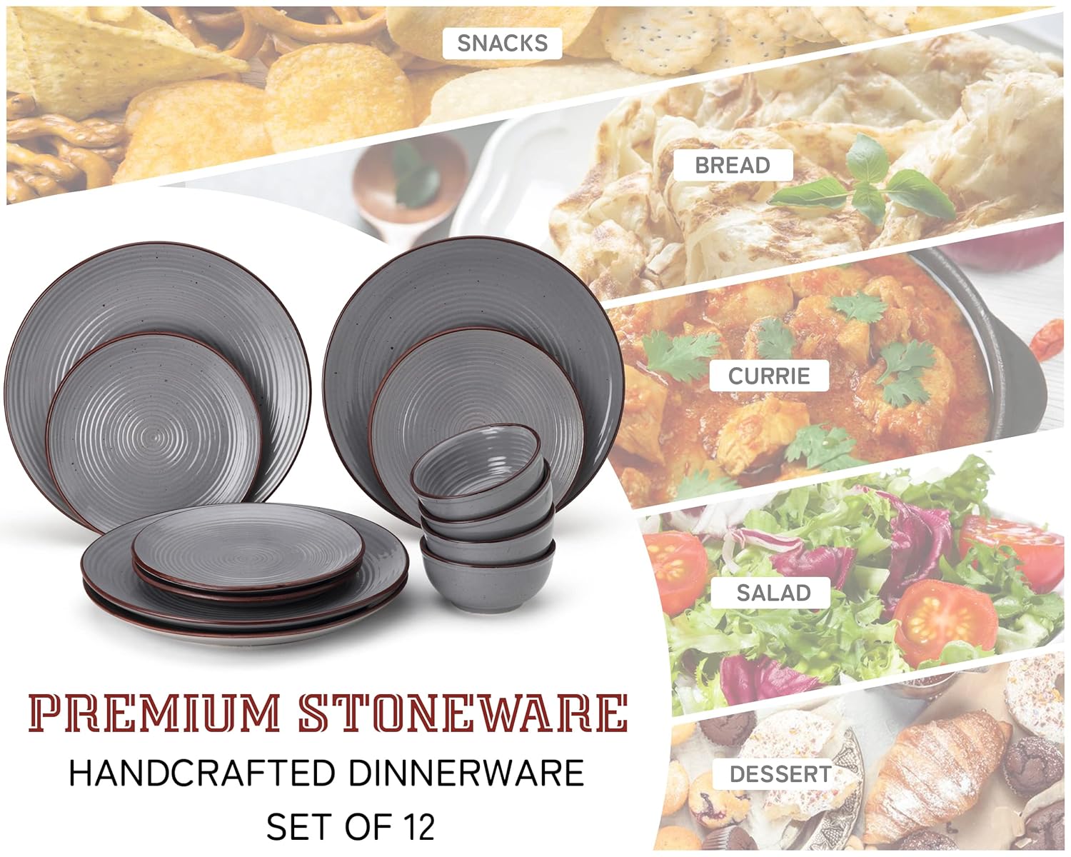 Handcrafted Ceramic Stoneware Dinner Set - Pack Of 12, Grey | 4 Dinner Plates, 10 Inch Each + 4 Small Plates, 7 Inch Each+ 4 Small Dinner Bowl, 180ml Each - Microwave & Dishwasher Safe