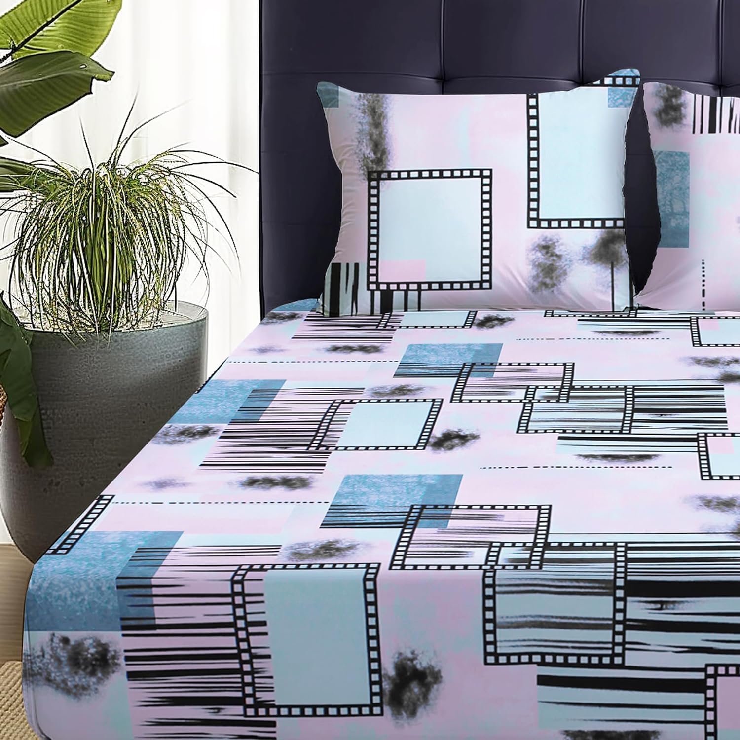 Queen Size Bedsheet With 2 Matching Pillow Covers - 60 X 72 Inches, Multicolor | All Around Elastic Fitted Breathable & Soft Touch Bedsheet