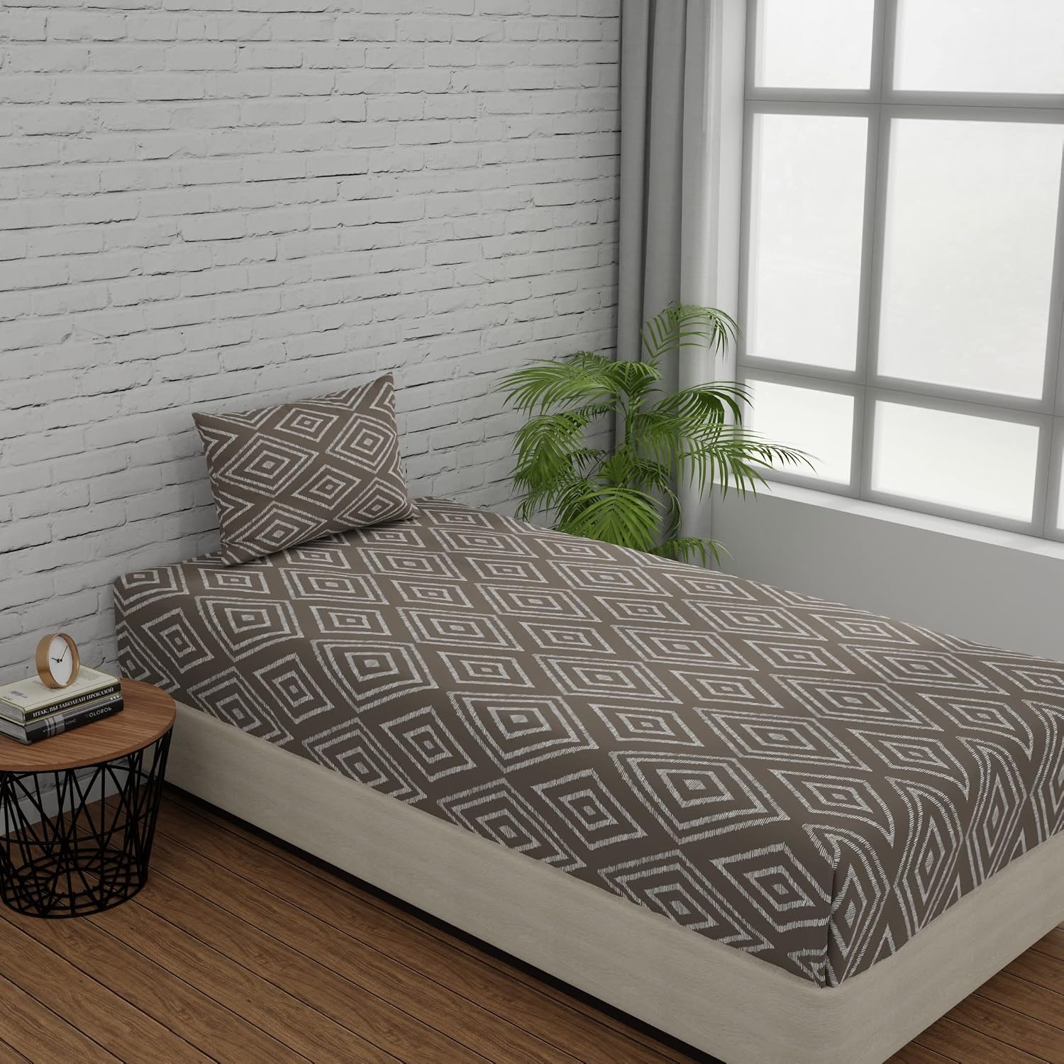 144 TC Bedsheet For Single Bed Cotton With Pillow Cover - 55 X 88 Inches, Taupe | Soft & Breathable Premium Printed Design Bedsheet