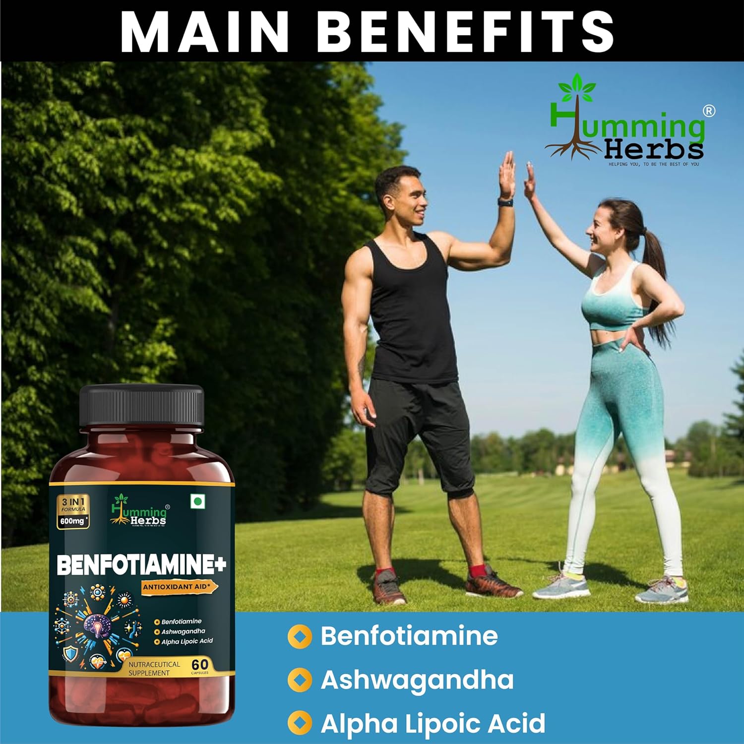 Humming Herbs Benfotiamine+ 600mg With Ashwagandha & Alpha Lipoic Acid Antioxidant & Energy Support, Promotes Nerve Health & Metabolic Function, Nutraceutical Supplement | 60 Capsules 100gm 0.2lbs