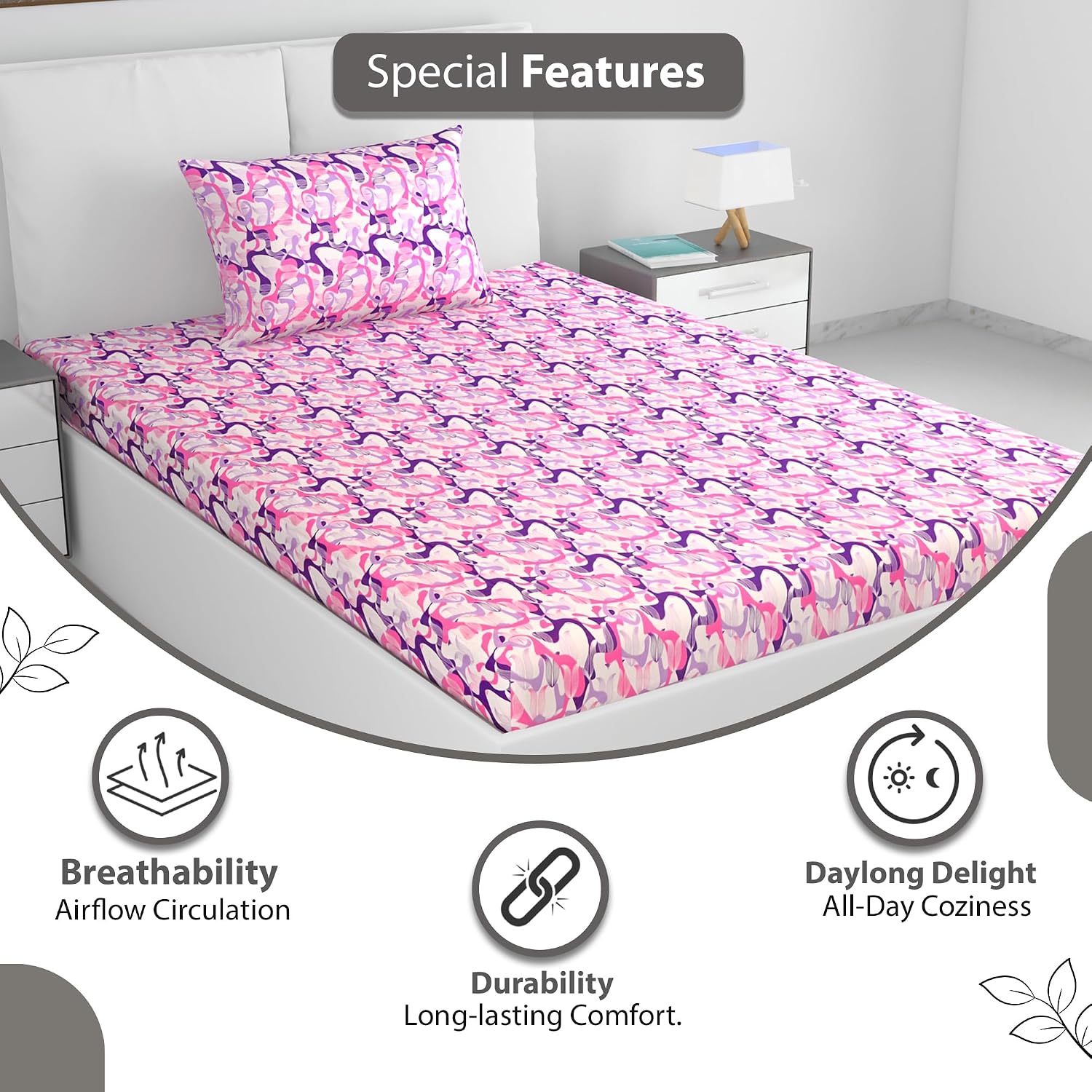 1 Single Bedsheet With 1 Pillow Cover - 57 X 87 Inches, Multicolor | 144 Thread Count Lightweight, Soft, Skin Friendly - Everyday Use Cotton Bedsheet