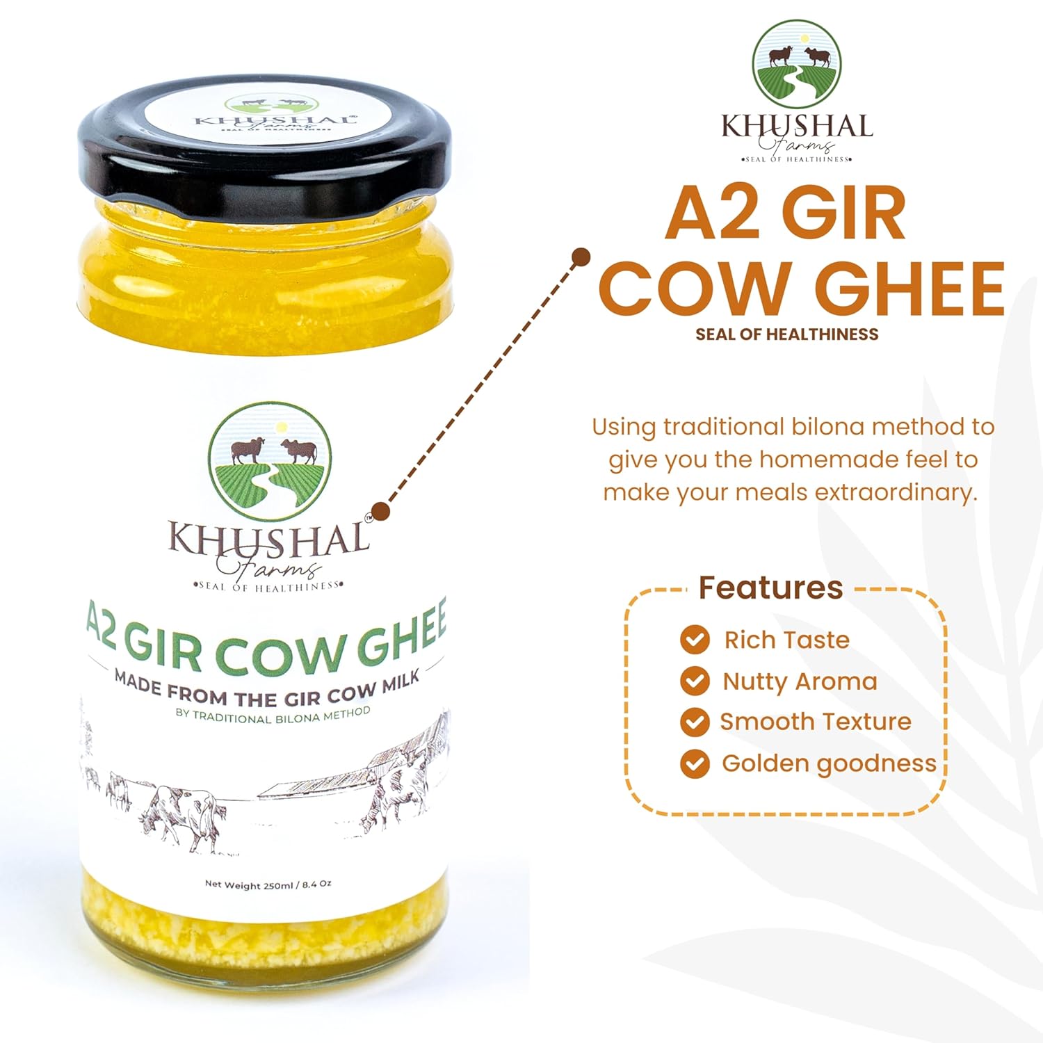 Premium Natural A2 Gir Cow Ghee By Khushal Farms | High In Protein Fiber & Nutrients Healthy Desi Ghee Good For Glowing Skin | (250ml) 8.4 Ounce | Jar Pack