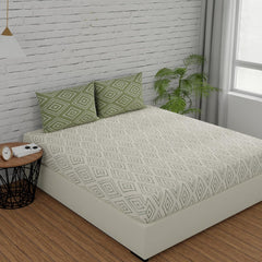 Super King Size Bedsheets 108 X 108 Inches With 2 Pillow Covers, White & Sage Green | Lightweight & Breathable Cotton Bedsheet