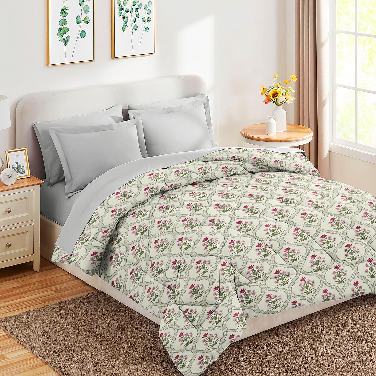 Double Bedsheet 1 Comforter 2 Pillow Covers - 90 X 100 Inches, Grey & Pink, 4 Pcs Bedding Set | Cotton Summer Ac Comforter Set King Size Double Bed