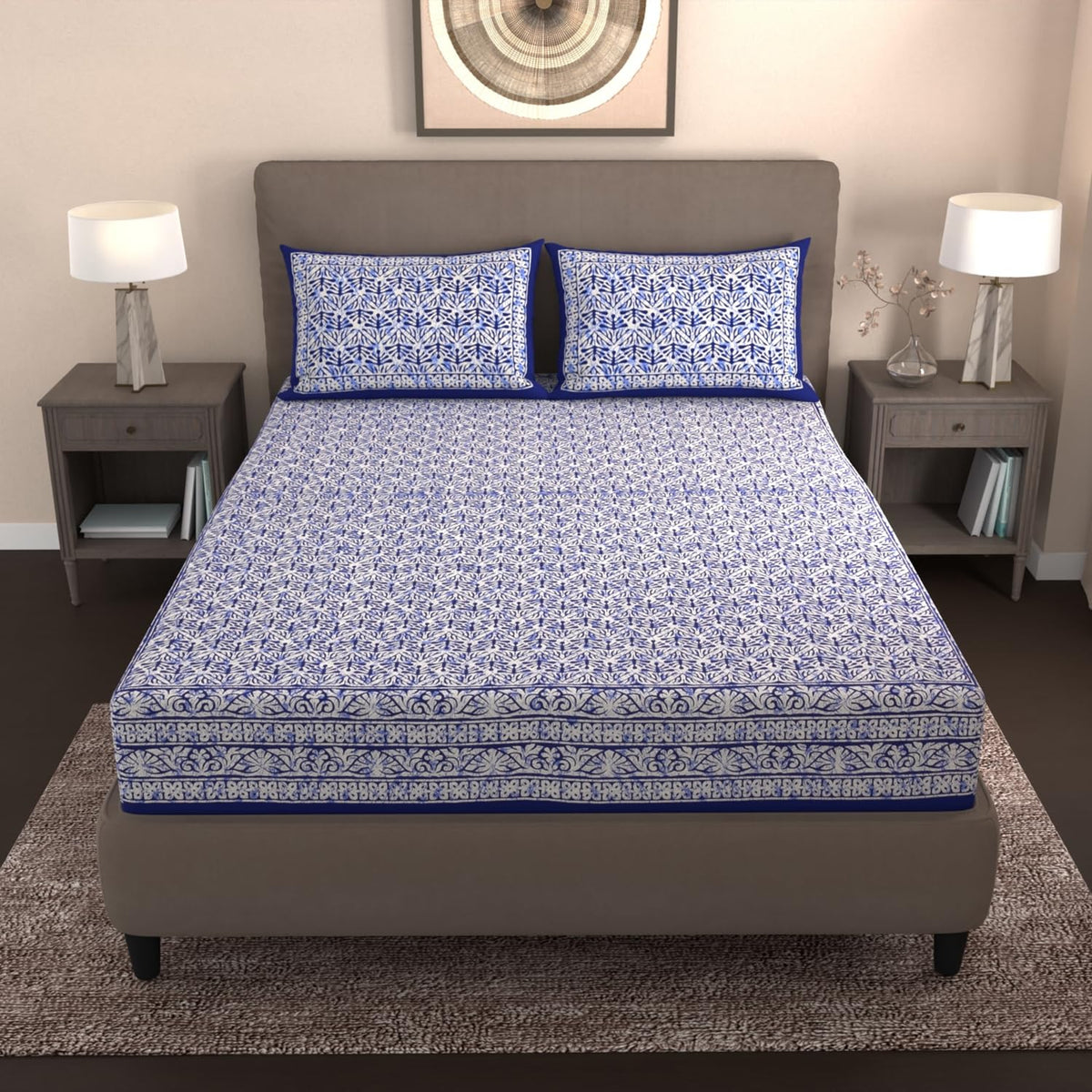 Handloom Printed Double Bedsheet For Queen Size With 2 Matching Pillow Cover | Size 90 X 100 Inches, Blue & White - Cotton Bedsheets For Double Bed | Soft & Smooth
