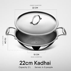 Artisan Hybrid Triply Non Stick Kadai With Lid, 2 Liters | Stainless Steel Kadhai, 22cm - Induction Friendly