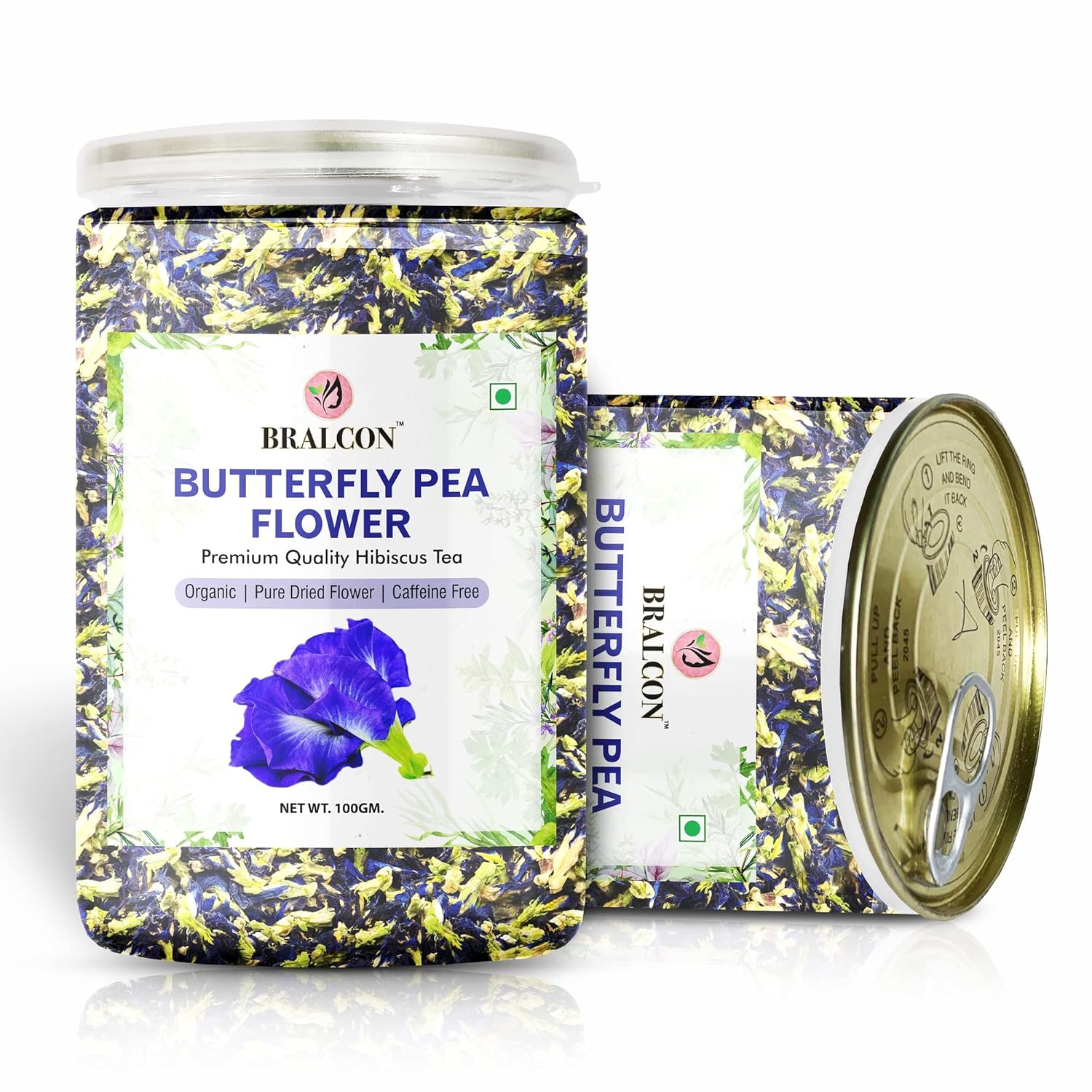 Bralcon Organic Herbal Tea Combo Pack Of 2 X 100gm, 3.5 Ounce Each - Hibiscus Flower Tea + Butterfly Pea Flower Tea | Reduce Stress, Improve Digestion - Caffeine Free