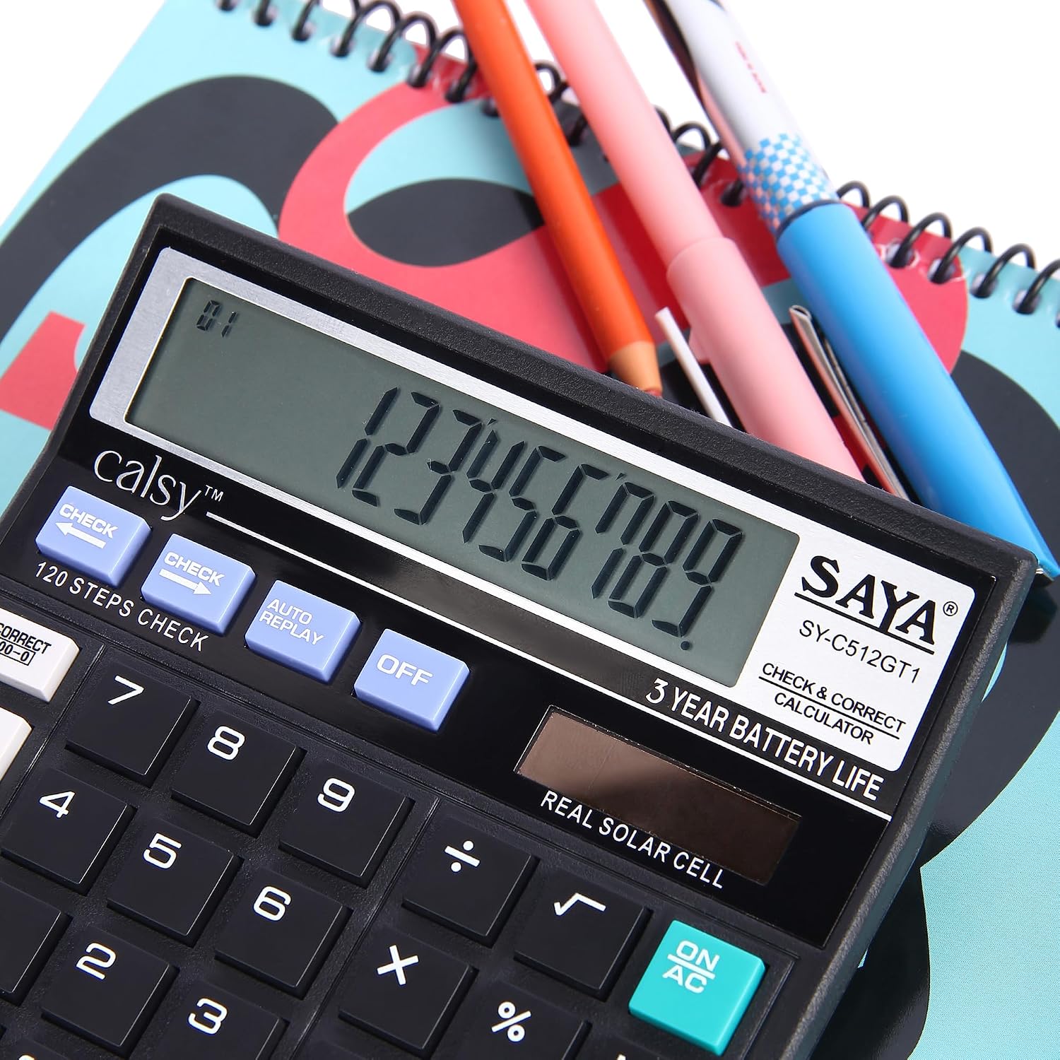 Saya Sy-512GT1 Check And Correct Basic Desktop Calculator With 12-digit Large Display | Dual Power (Solar & Battery) | GT, MU, MRC Functions | Ergonomic Design For Office | 1 Year Warranty
