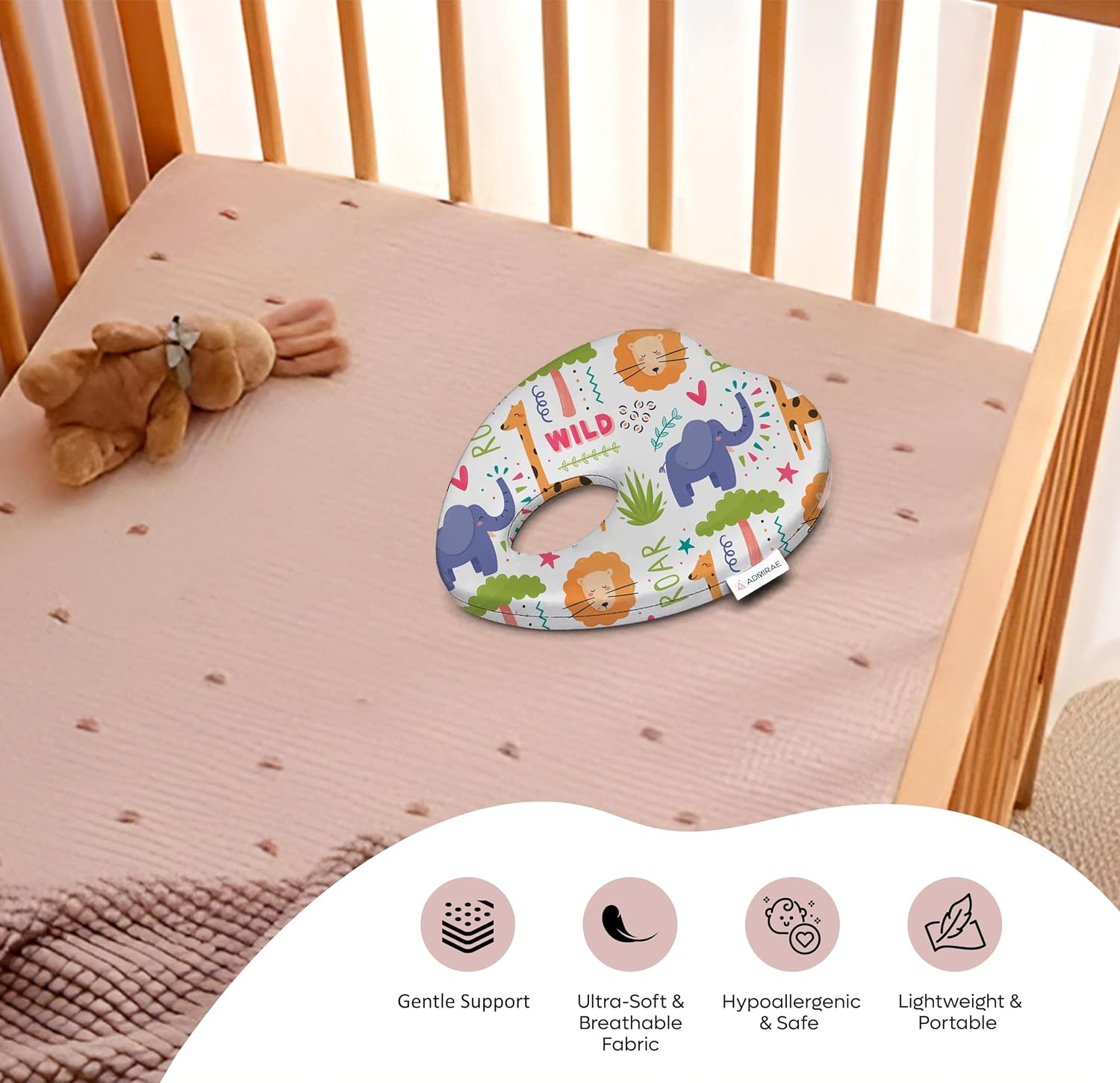Premium Head Shaping Heart Shape Memory Foam Pillow, Baby Pillow, Animal Print - 23 X 23 X 4 Cm | Lightweight & Portable, Ultra - Soft & Breathable Fabric Pillow - Pack Of 1