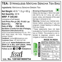 The Tea Trove Japanese Matcha + Sencha Green Tea Bags - 40 Unwrapped Tea Bags | Boosts Metabolism, Rich In Antioxidants - High Caffeine Green Tea Bag In Resealable Pouch