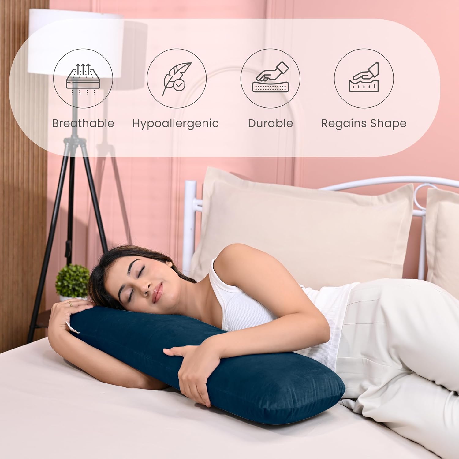Memory Foam Half Body Pillow, For Sleeping & Hugging, Pregnancy, Navy Blue - 30 X 10 X 5 Inches | Long Cuddle Pillow Suitable For Side Sleepers & Back Support | Velvet Cover, Multipurpose