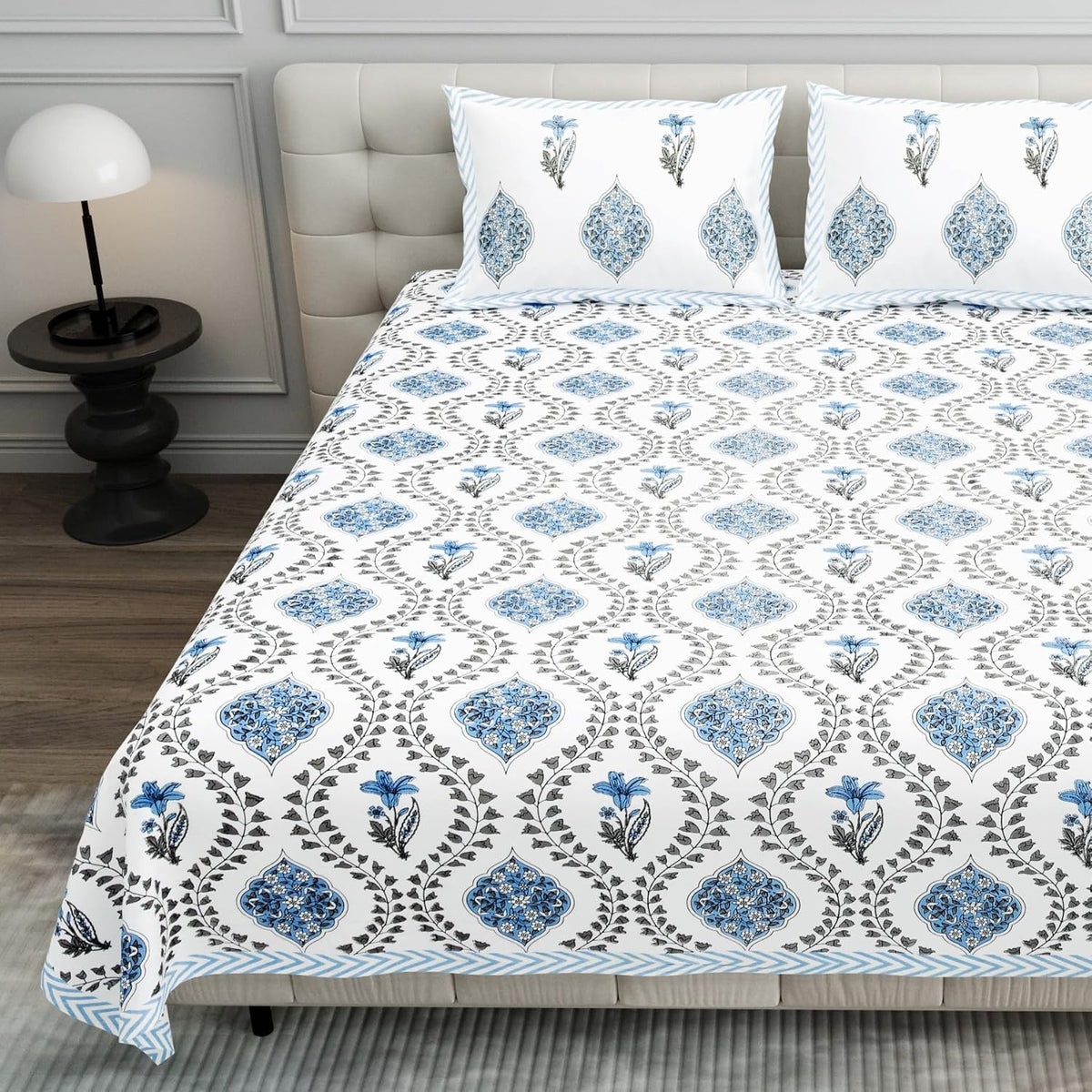 Pure Cotton King Size Bedsheet 2 Matching Pillow Covers | 100x108 Inches, White & Blue | Traditional Jaipuri Printed Bedsheet | Ideal Wedding Gift, Housewarming, Special Occasion Surprise