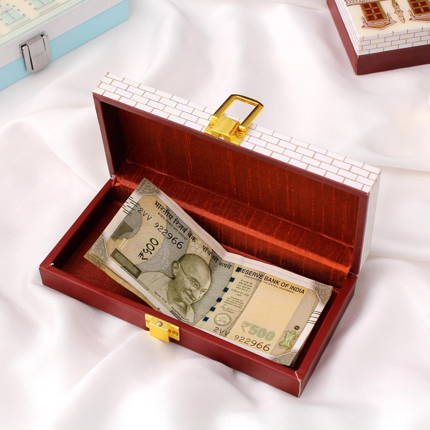 Roman Wooden Printed Cash Box Versatile For Shagun, Gifting, Gaddi, & Jewellery, Perfect For Shagun Envelopes, Wedding Gifts, Colour - Wine, Special Feature - Portable