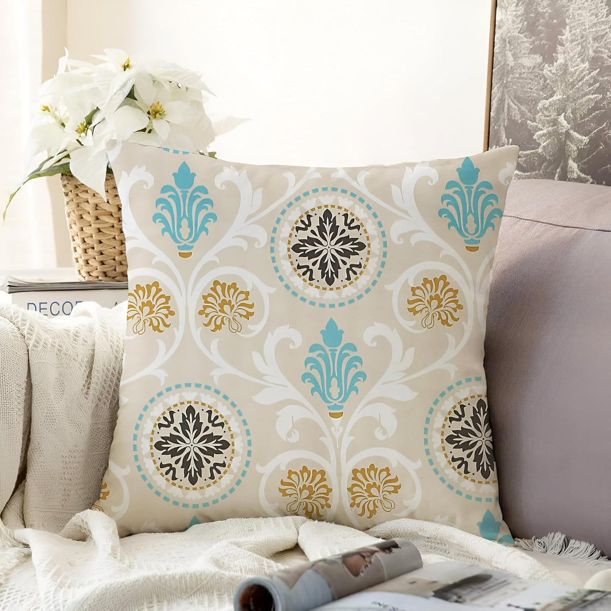 Microfiber Square Pillow Cushion For Sofa & Bed, Damask Beige - 12 X 12 Inch | Fluffy, For Comfortable Pillow, Back, Neck Support | Breathable, Washable, Removable Cover - Set Of 1