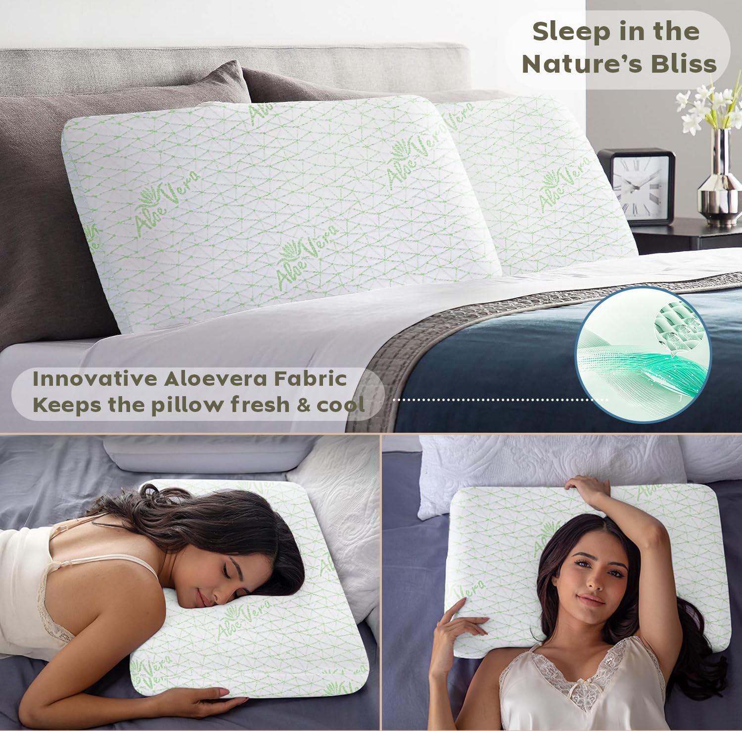 Memory Foam Pillow For Neck & Shoulder Pain Relief, White | Aloevera Memory Foam Pillow, Orthopedic Pillow For Pain Relief & Spinal Alignment Ergonomic Pillow, Washable Cover - Set Of 4