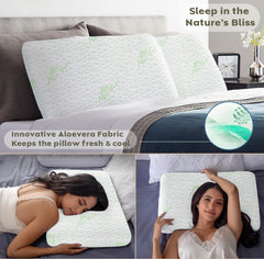 Memory Foam Pillow For Neck & Shoulder Pain Relief, White | Aloevera Memory Foam Pillow, Orthopedic Pillow For Pain Relief & Spinal Alignment Ergonomic Pillow, Washable Cover - Set Of 4