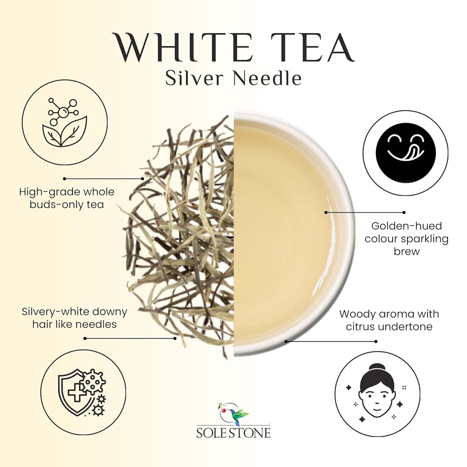Sole Stone Silver Needle White Tea - 80gm, 2.8 Ounce, 32 Cups | Reduces Anxiety, Stress Relief - Rich In Antioxidants, 0% Bitterness, Low Caffeine | 100% Natural Whole Leaf Tea
