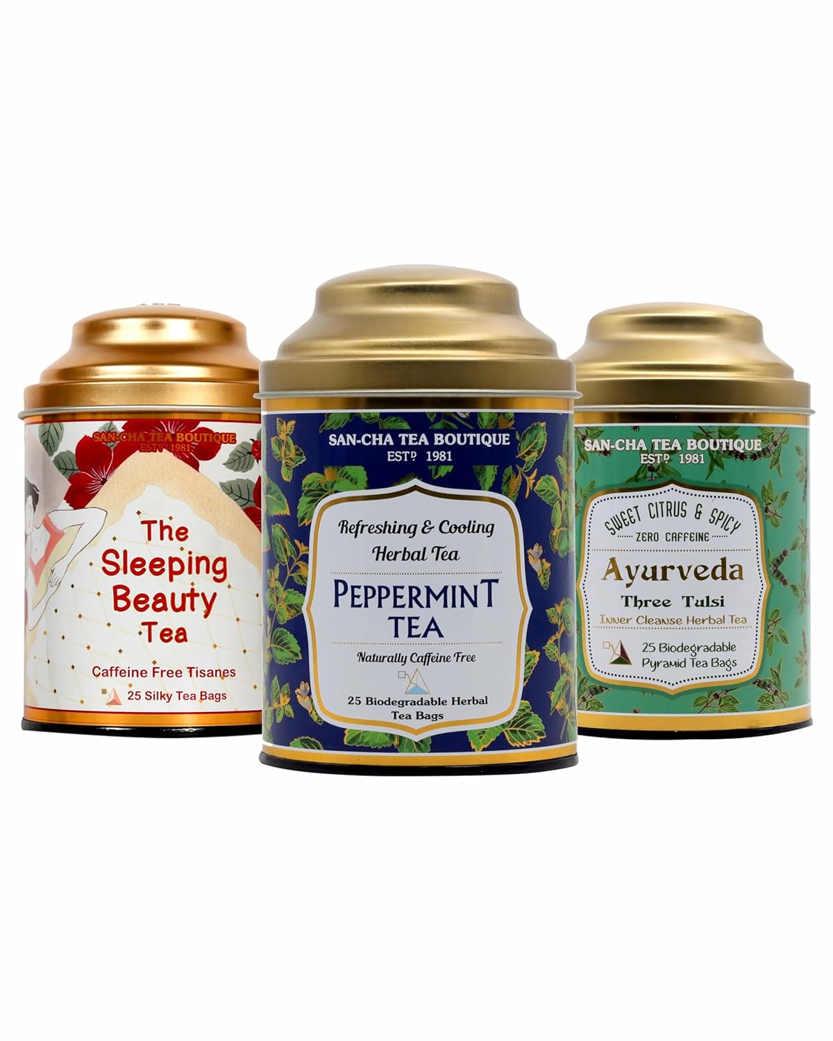 San-Cha Herbal Tea Combo Pack Of 3 - Sleeping Beauty + Peppermint Tea + Ayurveda Three Tulsi Herbal Tea Bags, 75 Pyramid Tea Bags | Zero Caffeine, Environment Friendly
