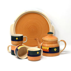 Hand Painted Boho Fiesta Tea Set With Kettle | Ceramic Tea Kettle Set With 4 Cups, 150ml Each + 1 Kettle, 700ml + 1 Tray | 6 Pieces - Microwave Safe & Dishwasher Safe